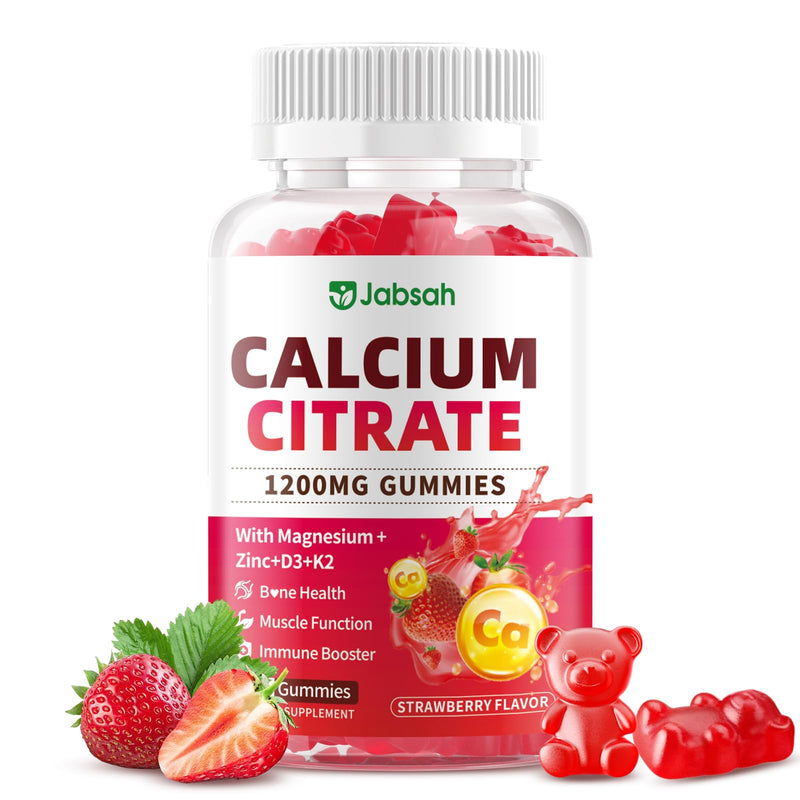 Calcium Citrate Gummies 1200mg, High Absorption Calcium Supplements with Vitamin D3, K2, Magnesium, Zinc for Bone, Muscle & Immune Support, Calcium Gummies for Women & Men, Strawberry Flavor 60 Count 60 Count (Pack of 1)