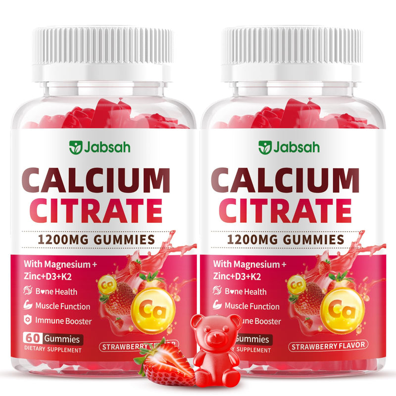 Calcium Citrate Gummies 1200mg, High Absorption Calcium Supplements with Vitamin D3, K2, Magnesium, Zinc for Bone, Muscle & Immune Support, Calcium Gummies for Women & Men, Strawberry Flavor 120 Count 60 Count (Pack of 2)