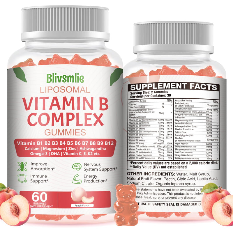 33-IN-1 Liposomal Overall 3500mg + Vitamin B Complex Gummies -B1, B2, B3, B4, B5, B6, B7, B8, B9,B12 | Vitamin C, D3,K2 | Coq10 Omega 3 etc for Energy, Brain,Immune,Skin Support &Heart Support ﻿ 60 Count (Pack of 1)
