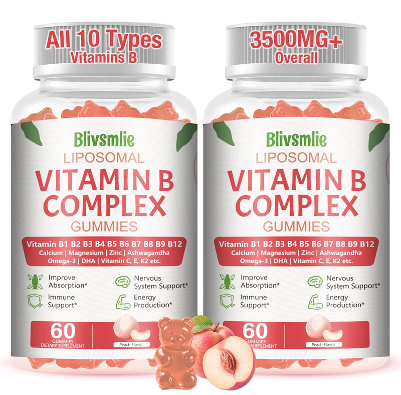 33-in-1 Liposomal Vitamin B Complex Gummies - B1, B2, B3, B4, B5, B6, B7, B8, B9, B12, Vitamin C, D3, K2, Calcium, Magnesium, Zinc for Energy, Brain, Immune, Skin Support & Heart Support 60 Count (Pack of 2)
