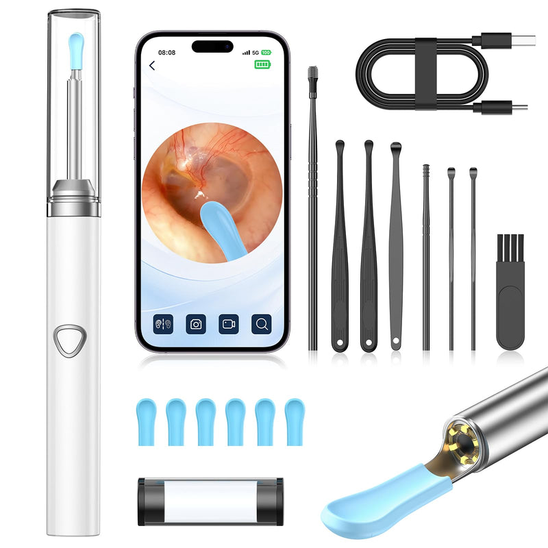 Ear Wax Removal Tool Camera，Wireless Ear Cleaner with Camera 1080P, Earwax Removal Kit with 6 LED Light 5 Replacement Ear Spoon, Ear Camera for iOS & Android (White) White - BeesActive Australia
