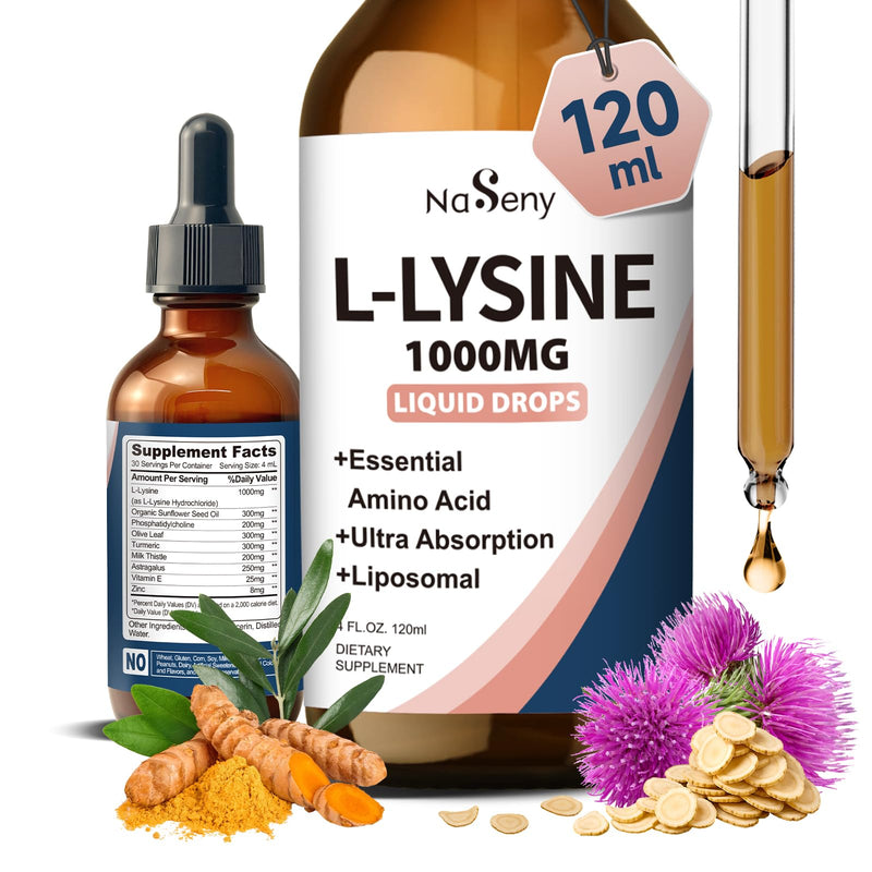 L-Lysine 1000mg Liquid Drops - Collagen, Immune, Lip & Skin Health | Liposomal Lysine Supplement for Adults with Turmeric, Astragalus, Vitamin E & Zinc - 4 Fl oz
