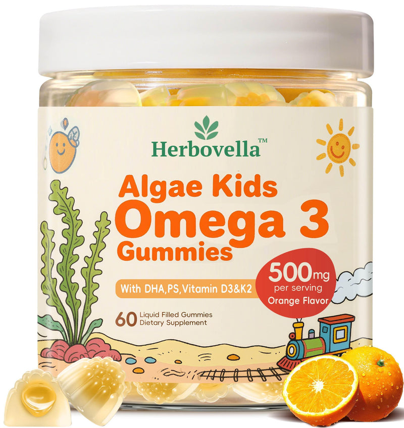 Algae Omega 3 Gummies for Kids - 500mg with DHA, Phosphatidylserine, Vitamin D3 & K2 - Sugar Free DHA Supplement for Brain& Eye - Fish Oil Alternative - Vegan, 60 Count 60 Count (Pack of 1)