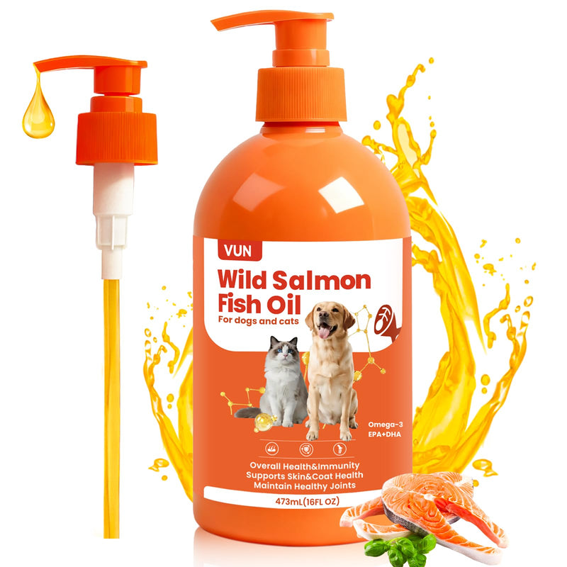 VUN Salmon Fish Oil for Dogs & Cats,Unflavored Omega 3 Oil Supplement for Itchy Dry Skin,Allergy Relief,Joints&Paws,Brain,Eyes&Heart Treatment,Wild Liquid Fish Oil by Pump with EPA DHA–16 oz