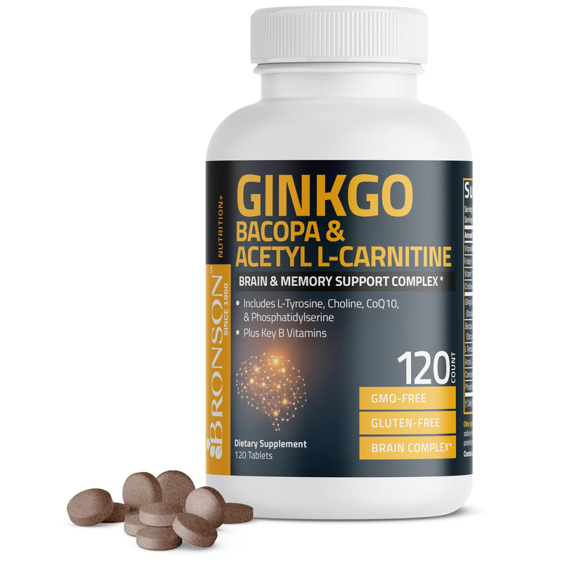 Bronson Ginkgo, Bacopa & Acetyl L-Carnitine Brain & Memory Support Complex with L-Tyrosine, Choline, CoQ10 & Phosphatidylserine Plus Key B Vitamins Non-GMO, 120 Tablets 120 Count (Pack of 1)