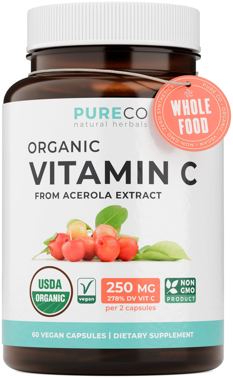 Certified Organic Vitamin C Supplement - Whole Food Acerola Vitamin C Immune Support Supplement for Seasonal Wellness with Naturally Occurring Bioflavonoids Polyphenols & Cofactors (1 Month Supply) Organic Vitamin C 60 Count