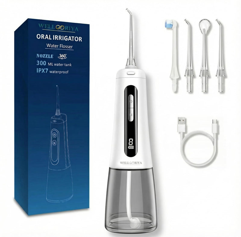 Cordless Water Dental Flosser – Power Dental Flosser for Teeth & Gums, 9 Pressure Levels, 300mL Tank, USB-C Rechargeable Oral Irrigator, IPX7 Waterproof for Braces & Travel – Wellooriya (White) White