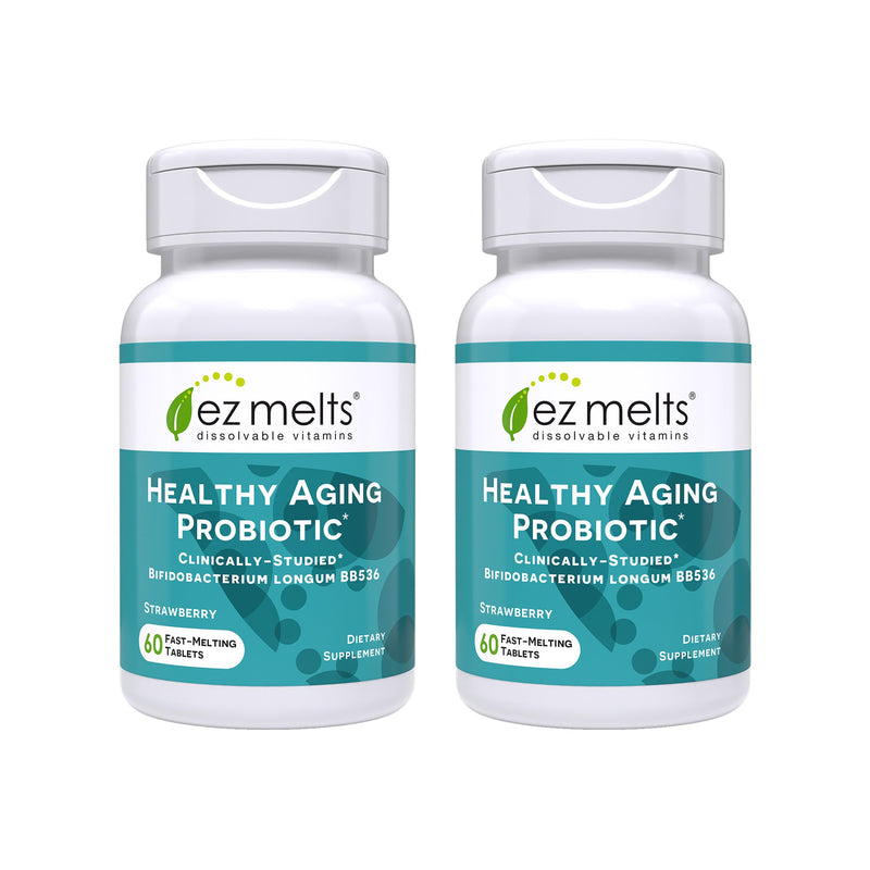 EZ Melts Healthy Aging Probiotic - Daily Probiotic for Digestive & Gut Health Support - with Bifidobacterium Longum - Non-GMO & Vegan - Strawberry - 120 Dissolvable Tablets (120 Servings) 60 Count (Pack of 2)