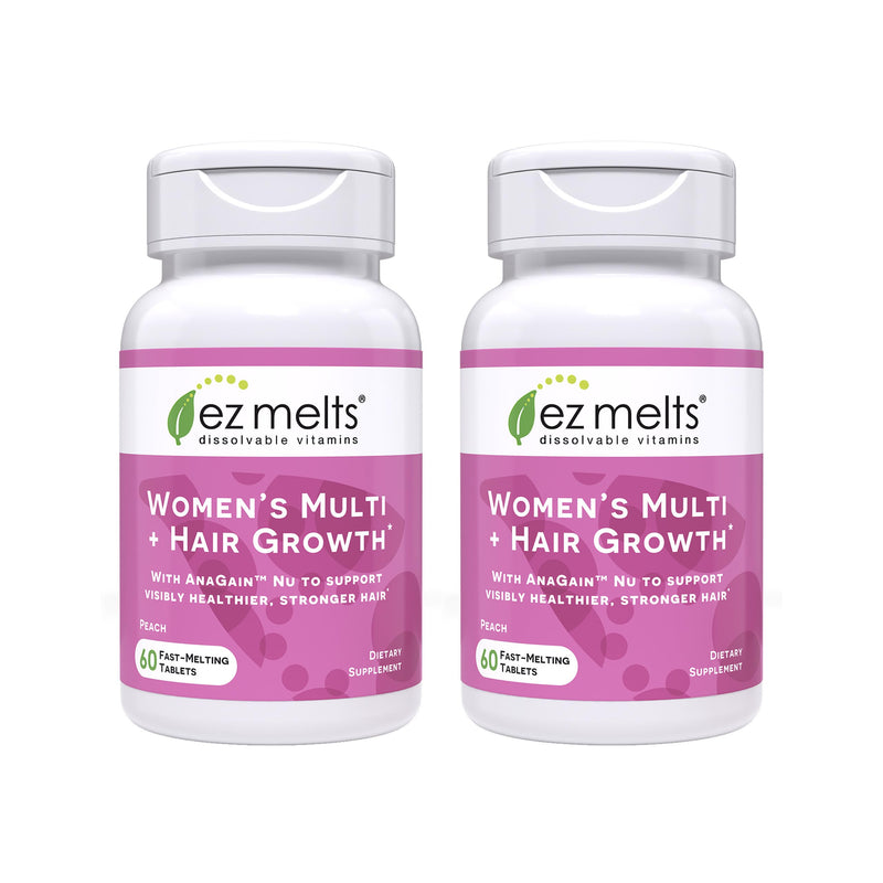 EZ Melts Women's Multi + Hair Growth - Daily Multivitamin for Women - Supports Healthy Energy Levels & Reduced Hair Shedding - Non-GMO & Vegan - Peach - 120 Dissolvable Tablets (60 Servings) 60 Count (Pack of 2)