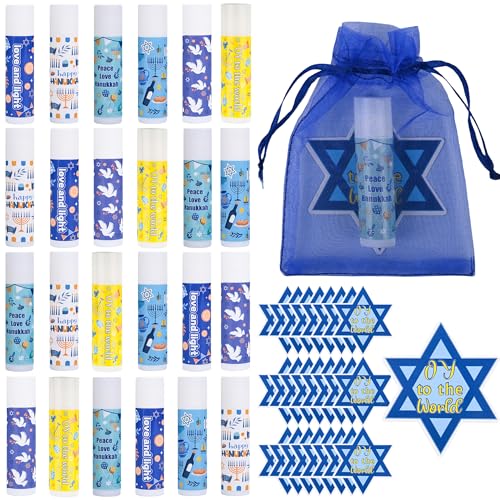 24 Pcs Hanukkah Gifts Include Lip Balm Thank You Tag Organza Bag for Women Birthday Hanukkah Gifts 24