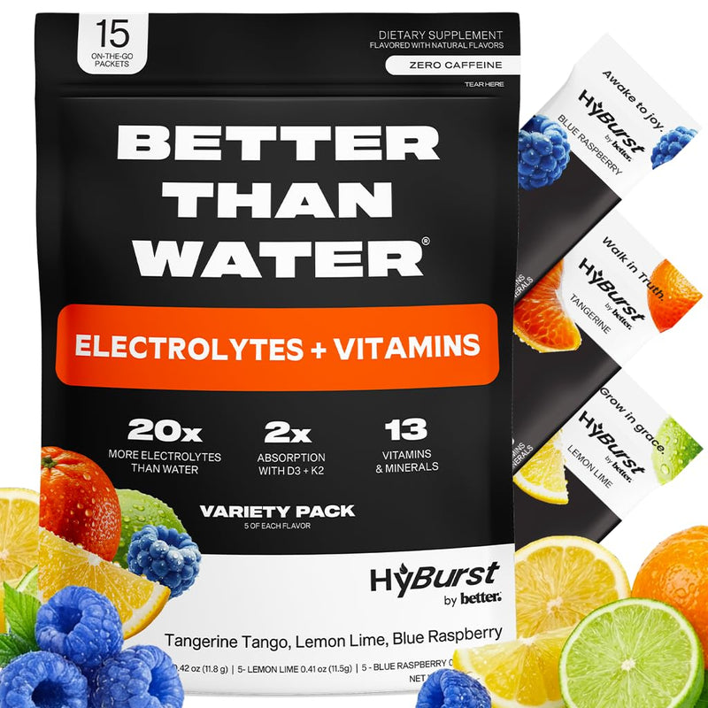Better Than Electrolyte & Vitamin Supplement Powder, Drink Mix with B12, L-Theanine, D3, K2, Zinc, Magnesium, Potassium, Supports Calm Focus & Energy, Citrus Variety Pack, 15 Pack 0.43 Ounce (Pack of 15)