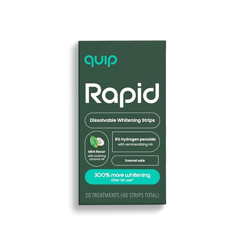 quip Rapid Dissolvable Teeth Whitening Strips, 20 Treatments, 8% Hydrogen Peroxide, Fast-Acting 15-Min Results, Mint with Coconut Oil, 40 Strips