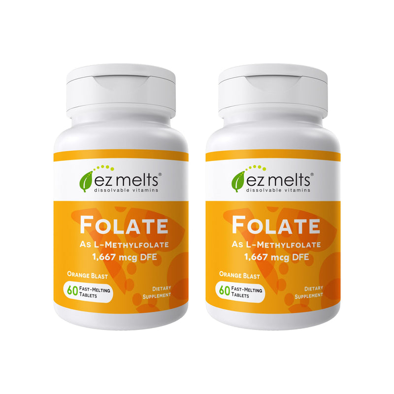 EZ Melts Dissolvable Folate 1,667 mcg DFE - Methylated Folate Supplement - Heart Health & Healthy Fetal Development - Non-GMO, Vegan & Dairy-Free - Orange Blast -120 Dissolvable Tablets (120 Servings) 60 Count (Pack of 2)