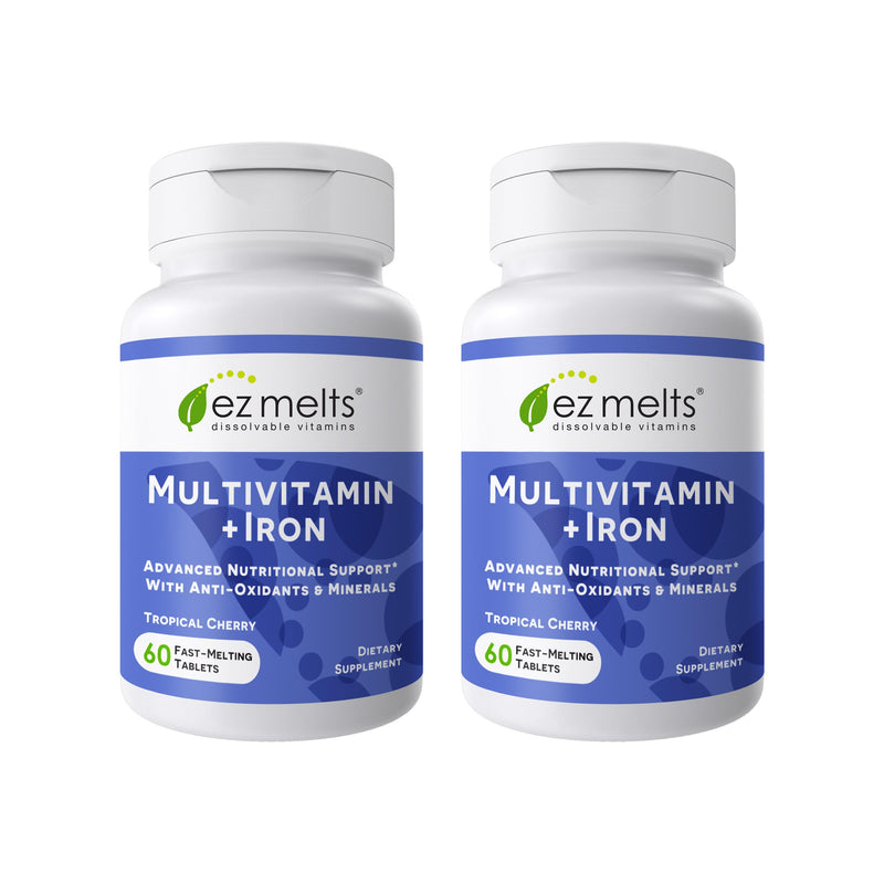 EZ Melts Multivitamin + Iron - Daily Multivitamin for Women & Men - Supports Healthy Energy Levels & Antioxidant Protection - Non-GMO & Vegan - Tropical Cherry - 120 Dissolvable Tablets (60 Servings) 60 Count (Pack of 2)