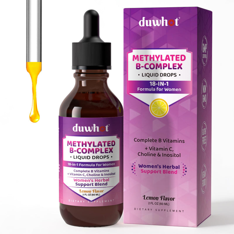 duwhot Women Methylated B-Complex Liquid Drops, 2 Fl Oz | Active B Vitamins B1 B2 B6 B9 (5-MTHF) & B12 1000 mcg, Vitamin C, Magnesium, Inositol, Choline & Herbal Blend