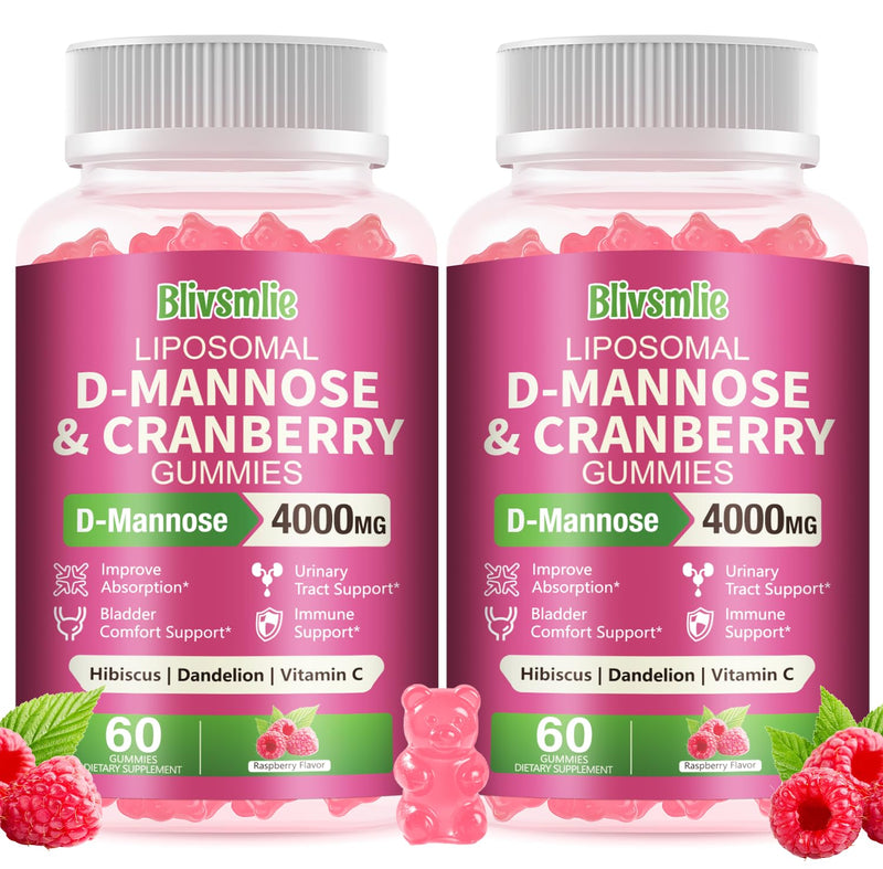 2 Pack Liposomal D-Mannose Gummies 4000mg Complex Cranberry Supplement 1500mg & Hibiscus,High-Potency Formula for Women Urinary Tract, Immune Support,Liver & Bladder Flush Cleanse Wellness Supplement 1