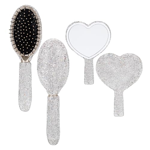 Framendino, Rhinestone Heart-Shaped Handheld Mirror and Bling Hair Brush Set for Women