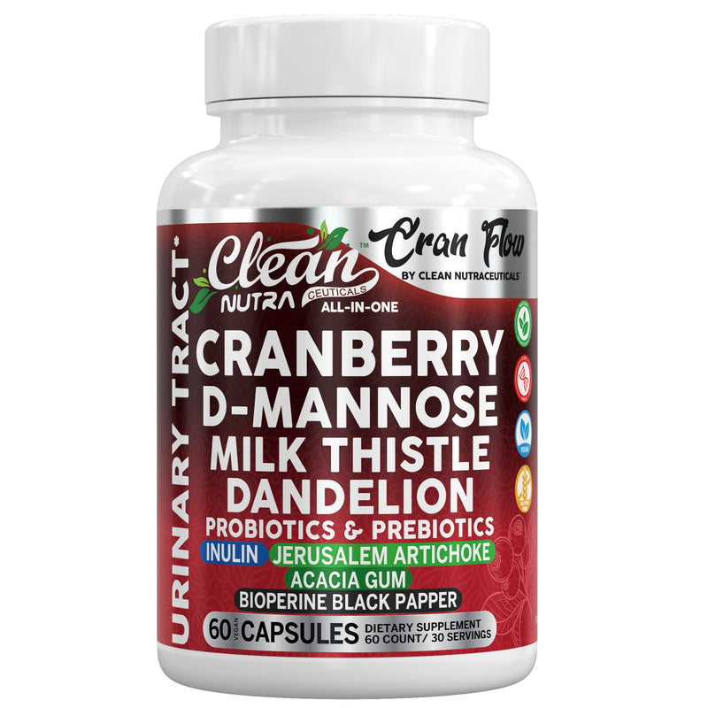 Cran Flow Cranberry Pills for Urinary Health D-Mannose Milk Thistle Dandelion Inulin Vitamin C Prebiotics and Probiotics Bladder Support By Clean Nutra