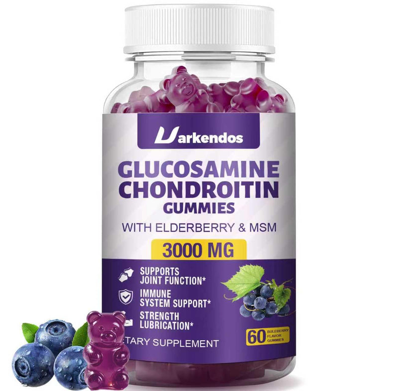 1 Pack 3000MG Glucosamine Chondroitin Gummies with MSM & Elderberry Extra Strength - Joint Support, Antioxidant Immune Support Supplement for Adults, Men & Women - 60 Blueberry Gummies 60 Count (Pack of 1)