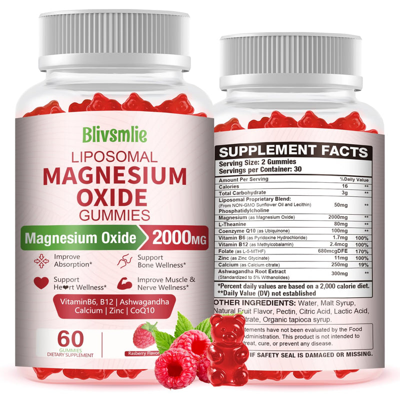 Liposomal Magnesium Oxide Gummies 2000mg Complex Ashwagandha,CoQ10, L-Theanine, L-5-MTHF, Methyl B12, Zinc for Sleep & Energy,Stress Relief,Heart Health,Neuro Support 60 Count (Pack of 1)