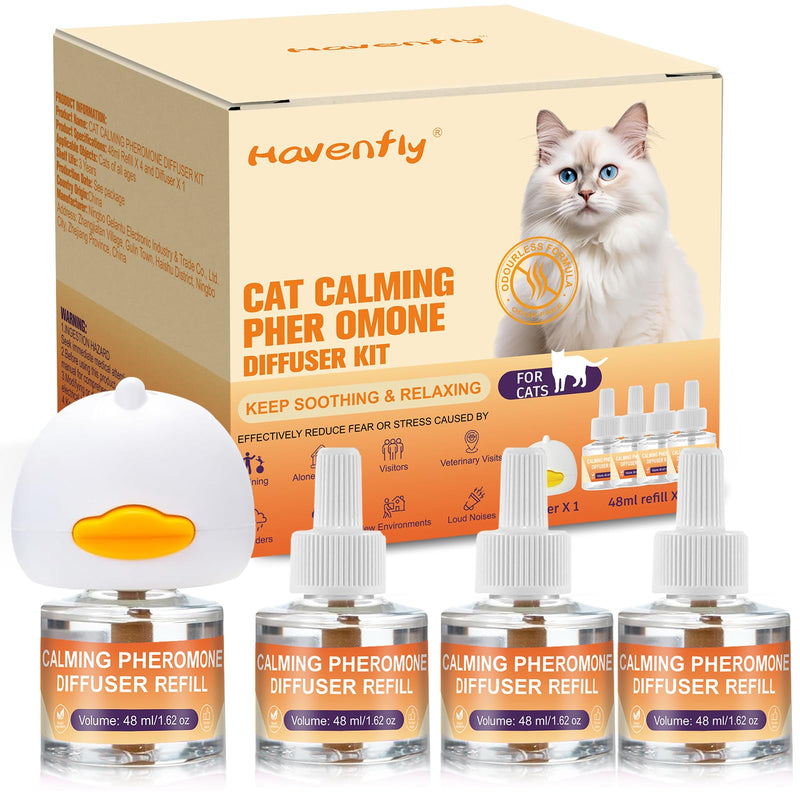 Cat Calming Pheromone Diffuser Kit - 4 Refills (48ml Each) + 1 Plug-in Diffuser | Anti-Stress Anxiety Relief for Cats | Reduces Spraying, Scratching & Aggression S orange