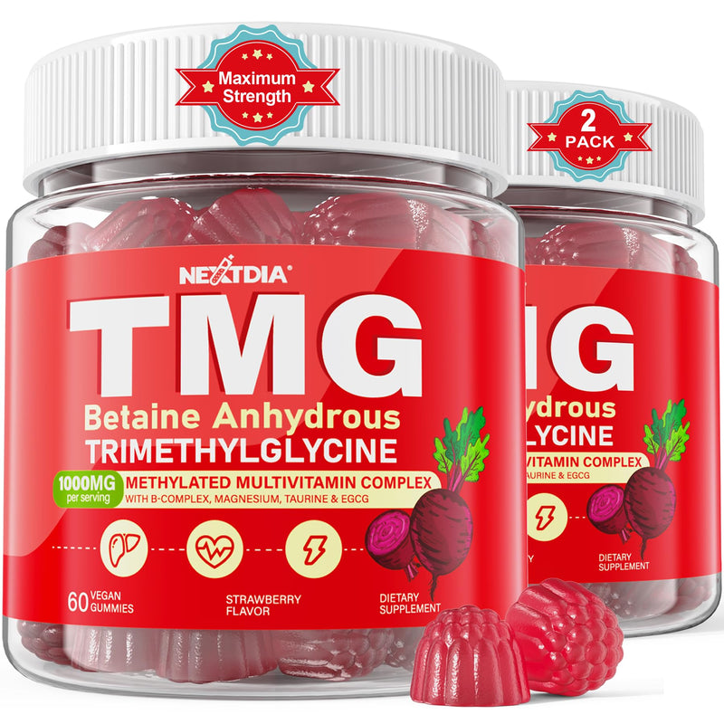 2Pack TMG Gummies 1000mg Betaine Anhydrous, Methylated B Complex, Magnesium | Methylated Multivitamin, Methylfolate B12 B6 + Magnesium Taurine, Trimethylglycine for Homocysteine Levels, Brain, Energy