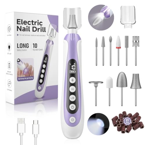 Nail Drill, Electric Nail File, 10-Speed Cordless Manicure Kit, Purple