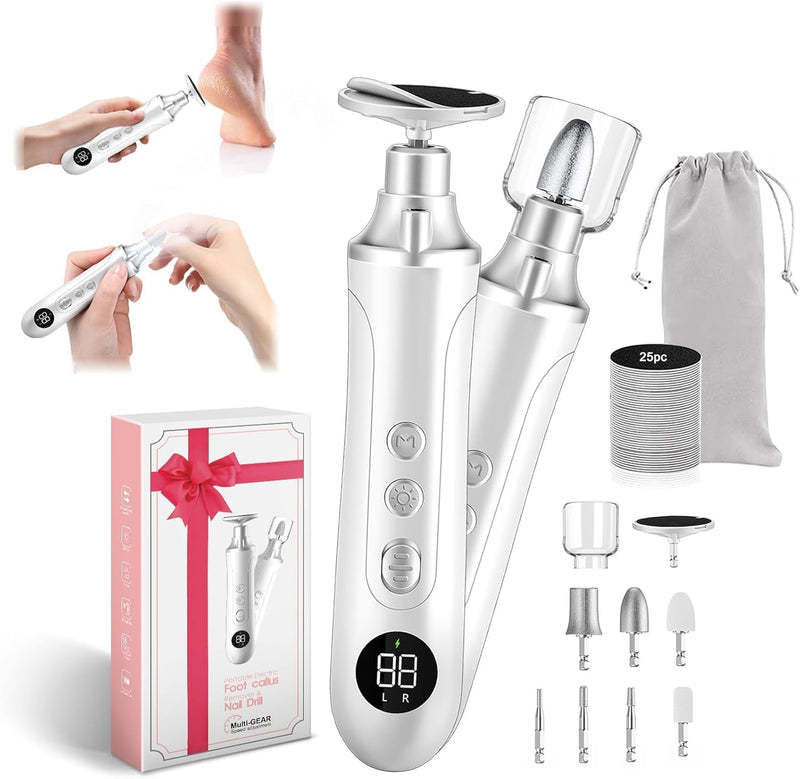 Electric Nail Drill Kit, Cordless Manicure Pedicure Kit with Memory Modes, 15 Speed Portable Nail Drill Machine, Callus Remover with 25Pcs Sandpaper Discs,Hand Foot Care Tool for Thick Nail Toenail White+pouch