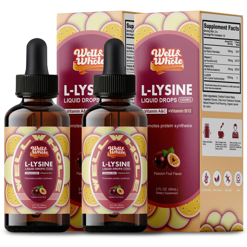 L-Lysine Supplement Liquid Drops | L-Lysine 1000mg Tincture with Vitamin A, C, and B12 for Adults & Kids | Immune Support, Skin & Lips Health, Collagen Synthesis | Non-GMO, Vegan, 4 Fl Oz (120 ML) 2 Fl Oz (Pack of 2)