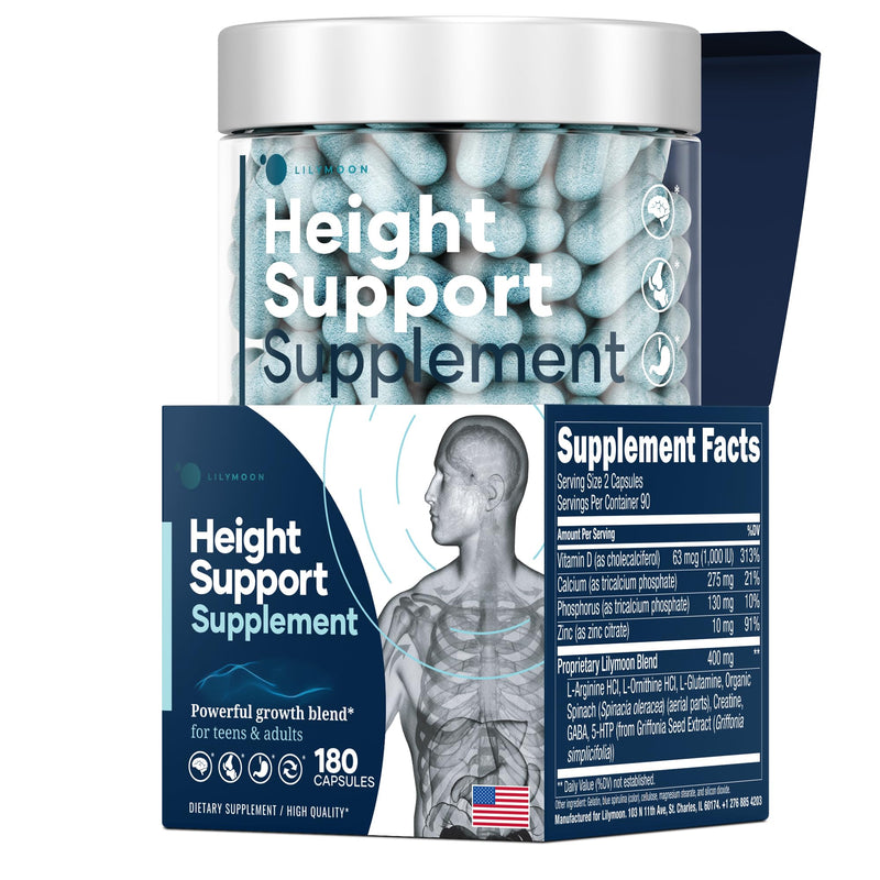 Height & Bone Support Supplement - Premium Height Growth Supplement for Kids & Teens with Calcium - Nutritional Support Bone Health Formula - Height Increase Essential Vitamins - 180 Caps 180 Count (Pack of 1)