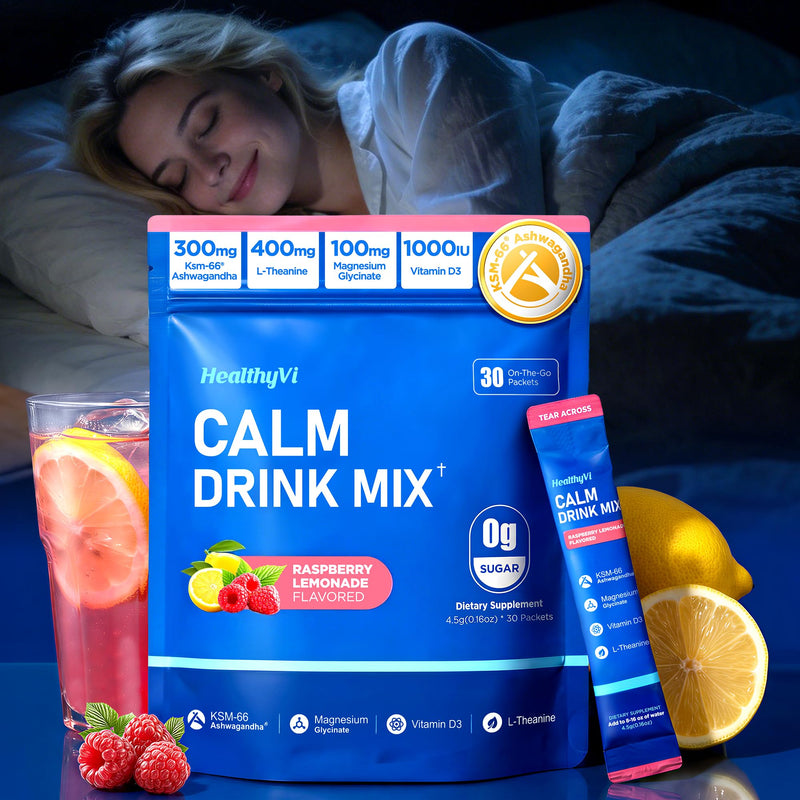 Calm Magnesium Glycinate Powder Drink Mix for Relax & Sleep Aid, Cortisol Reducer Supplements for Women Men w/ KSM-66 Ashwagandha L-Theanine Vitamin D3 Balance Mood & Stress Non-GMO Raspberry Lemonade 30 Servings (Pack of 1)