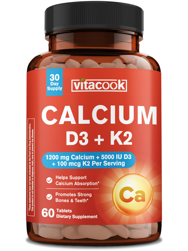 Calcium Supplements for Women & Men, 1200 mg with Vitamin D3 K2, 5000 IU D3, 100 mcg MK-7, Non-GMO, for Calcium Absorption, Strong Bones & Teeth, Heart & Immune Health, 60 Tablets