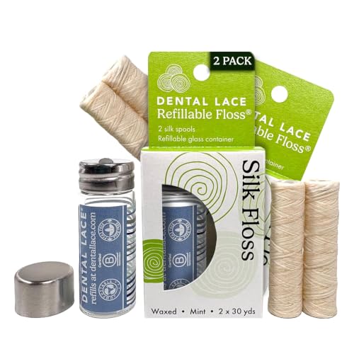 Dental Lace Refillable Silk Dental Floss, Mint, Waxed, PFAS Free, 2 Pack Waves Container (Pack of 2)