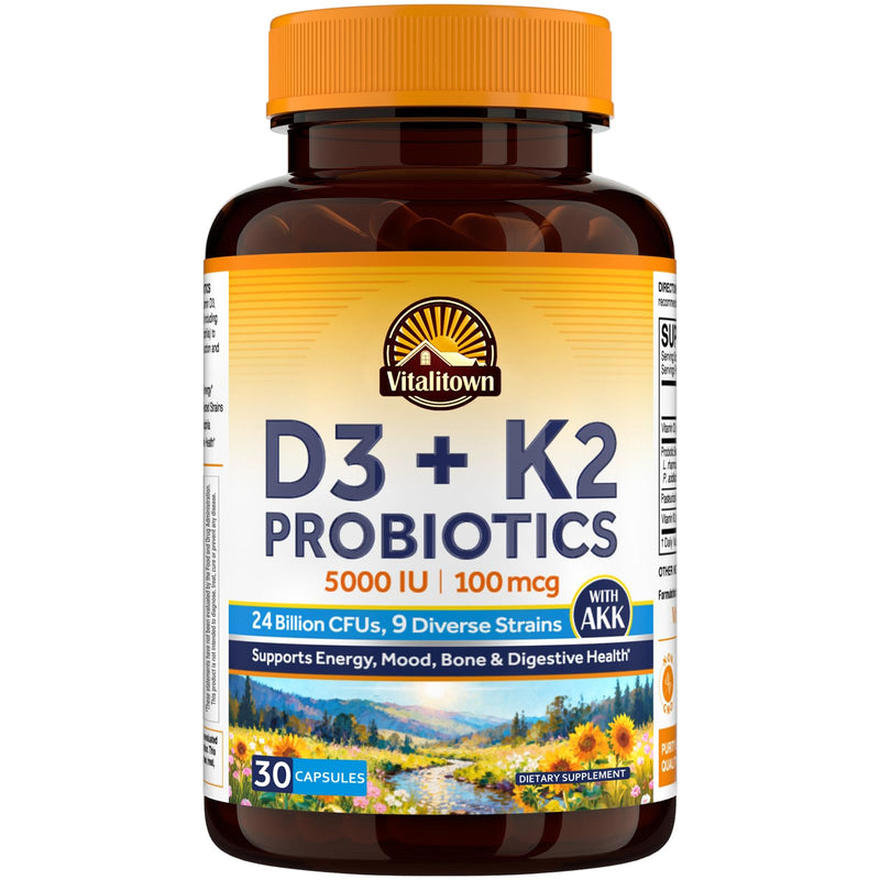 Vitalitown D3 + K2 Probiotics, 5000 IU D3, 100 mcg K2 as MK-7, 24 Billion CFUs, 9 Strains, Pasteurized Akkermansia Muciniphila, Non-GMO, Energy, Mood & Digestive Health, 30 Capsules