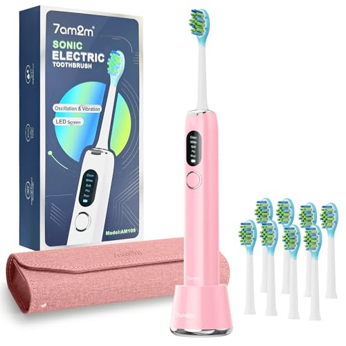 7AM2M Ultrasonic Electric Toothbrush for Adults&Teens with LED Screen, 5 Modes, One Charge for 365 Days, with 8 Brush Heads and Travel Case (Pink)