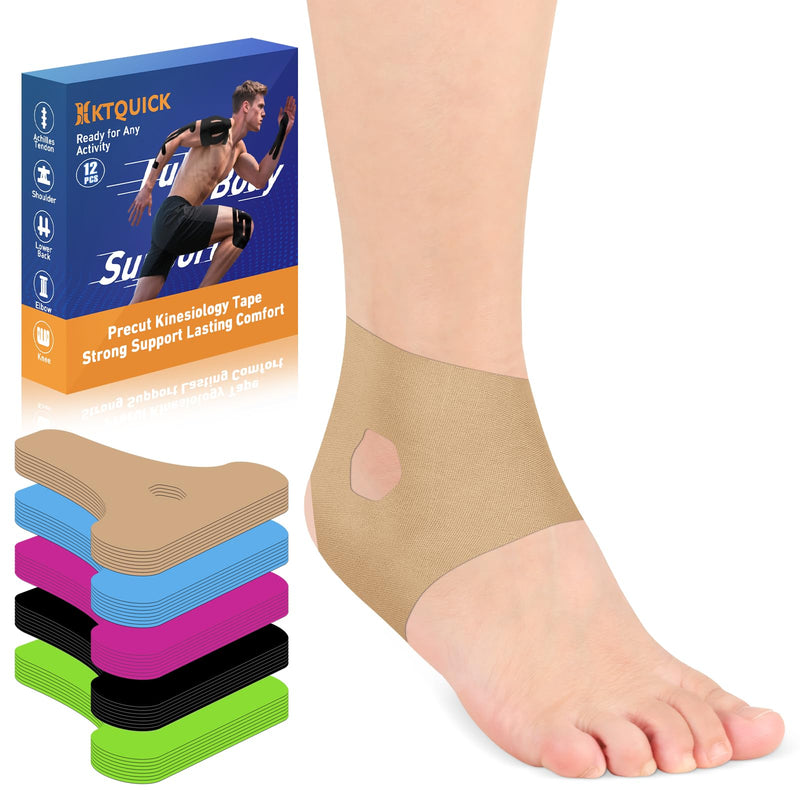 Precut Kinesiology Tape for Ankle, Upgraded Ankle Tape Athletic 12PCS, KTQUICK Tape for Ankle Support & Pain Relief, 5% Stronger Adhesive, Waterproof & Breathable Cotton Kinesiology Tape Ankle(Beige) Beige