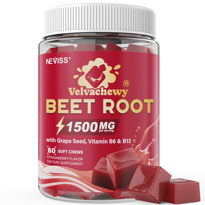 Super Beet Chews 1500mg, 5 IN 1 Beet Root Nitric Oxide Supplement, 60 Cts | Beet Root Gummies w/ Grape Seed, L-Citrulline, Vitamin B6 & B12 for Healthy Blood Circulation & Energy Boost, Sugar Free