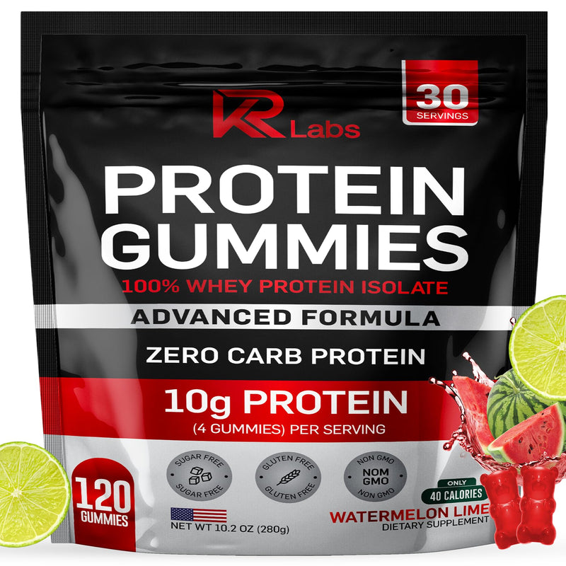 Whey Isolate Protein Gummies, 10g Protein, Watermelon Lime, 120 Ct | 10g Protein per Serving, 300g Total per Bag, 100% Whey Isolate, Gluten-free, Non-GMO, Vitamins Added, For Men & Women