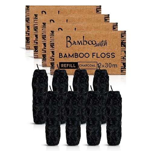 Bamboo Charcoal Dental Floss Refills (8 Spools), Eco-Friendly, Mint Bamboo Fiber, Vegan, Plastic-Free Charcoal / 8 Spools (787 Ft)