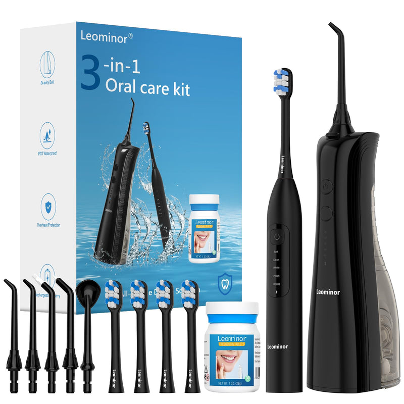 Leominor 3-in-1 Water Flosser & Electric Toothbrush Combo – Cordless Oral Irrigator with 235ml Large Tank,5 Modes, IPX7 Waterproof,Freshening Strips,for Teeth,Gums,Braces,Home & Travel,Black Black