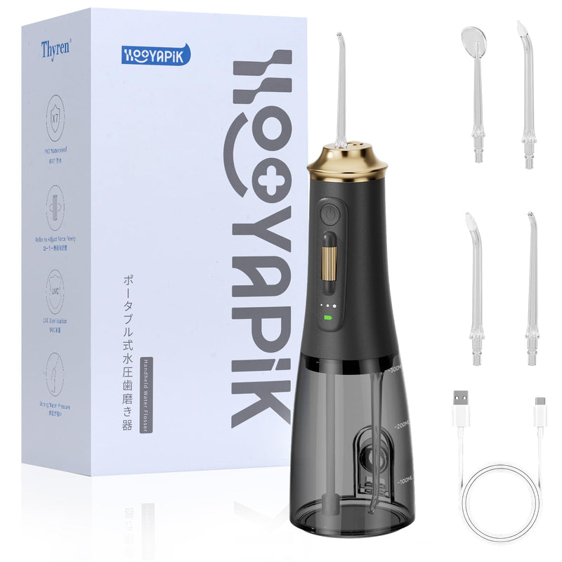 300ML Long-Lasting Battery Life Water Flosser Adjustable Pressure Oral Irrigator Flosser with 4 Interchangeable Nozzle Tips for Implants/Braces/Receding Gums (Black&Gold) Black&gold