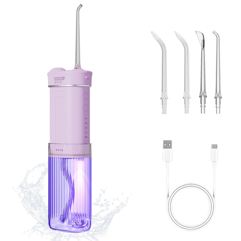 Portable Water Flosser Cordless for Travel-Rechargeable Power Dental Flossers for Braces＆Stonsil Stones-Mini Tooth Cleaner with UVC Sterilization,IPX7 Waterproof (D0040-Pink) Pink