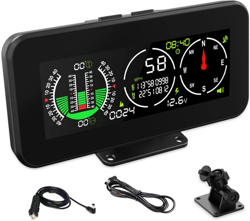 Car Inclinometer for Off Road Vehicles, GPS Speedometer MPH KMH with Compass Multfunctional Digital HUD Level Tilt Gauge Angle Slope Meter with Coordinate Display, M60
