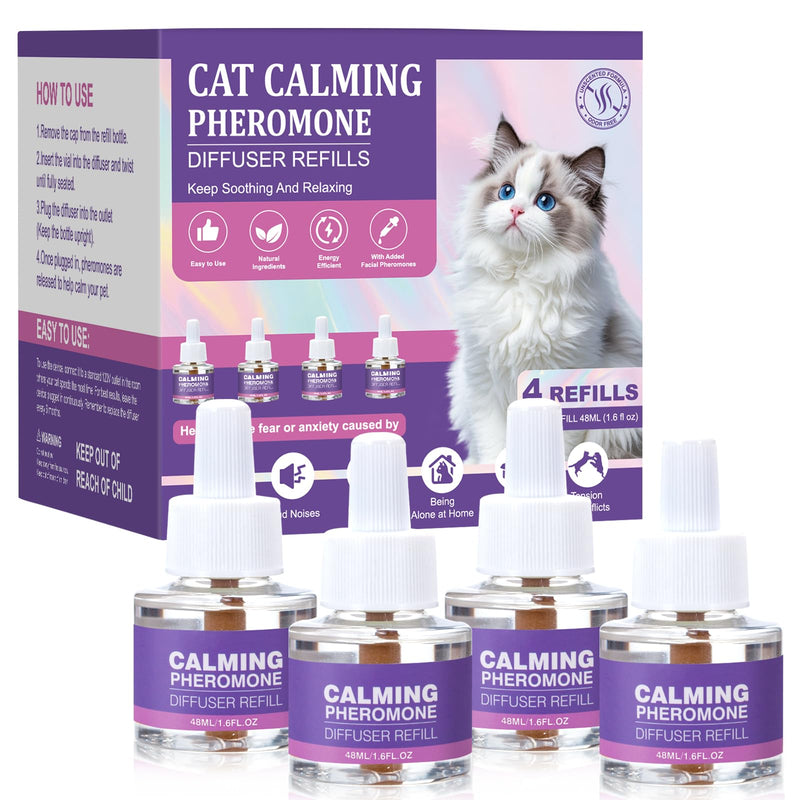 Cat Calming Pheromone Diffuser Refills 4 Pack Anxiety and Stress Calming for Cats Reduce Inappropriate Peeing and Spraying Fragrance Free for Bedroom Bathroom Reduces Conflict in Multi-Cat Households Purple