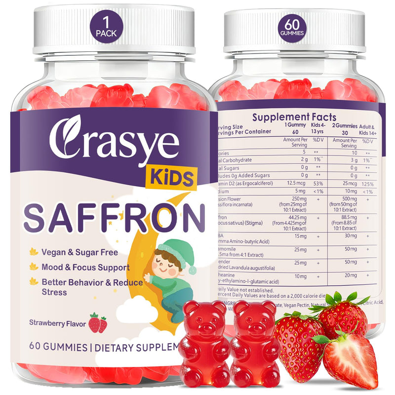 Saffron Gummies for Kids Support Calm Mood & Focus | 100% Pure Organic Saffron Extract Sugar Free Saffron Supplements Gummy for Children, Strawberry Flavor, 60 Gummies