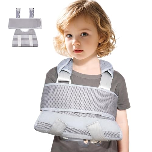 Kids Arm Sling, Adjustable X-Cross Shoulder Immobilizer with Breathable Mesh Padding for Broken Fractured Arm Wrist Elbow Injury, Left Right Universal, Gray, S