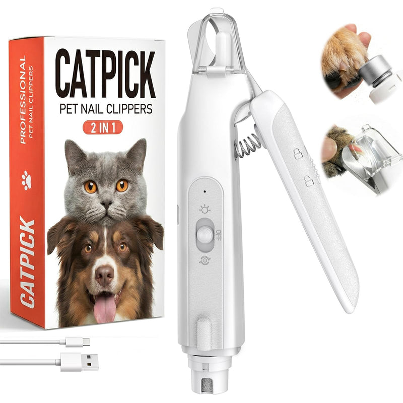 2-in-1 Dog & Cat Nail Clipper with Grinder - Dual Highlight LED Reduce Over-Trimming, Long Battery Cordless USB-C Rechargeable, Safety Lock & Catcher Cap, Quiet Home Grooming for Small Large Pets White