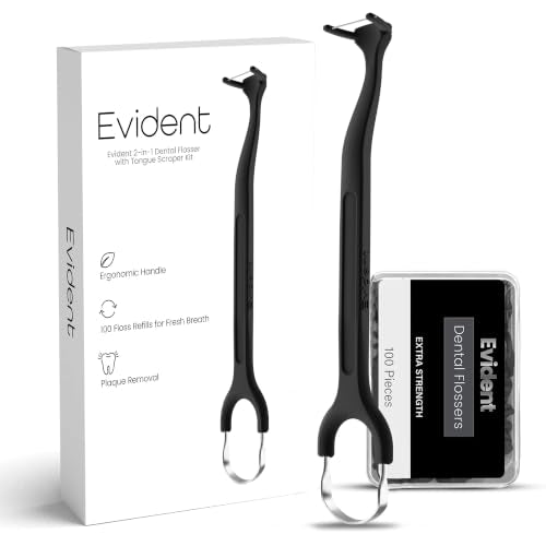 Evident Dental Flosser with Tongue Scraper – 2-in-1 Dental Flosser Kit with 100 Floss Refills – Long Ergonomic Handle for Plaque Removal & Fresh Breath Black 1 Black Handle + 100 Refills