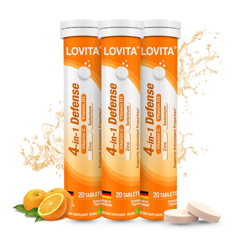 LOVITA 4-in-1 Vitamin C Effervescent Tablets, 20 Count, Pack of 3 | Three-Tube Value Pack, With D3, Zinc, Selenium, & Antioxidants; Orange Flavor, Vegan, Sugar-Free, Gluten-Free, & Lactose-Free 20 Count (Pack of 3)