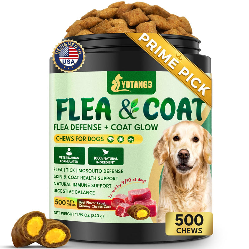 YOTANGO Dog Flea and Tick Support Crunchy & Creamy Chewables, 500 Chews Natural Flea and Tick Prevention for Dogs Chewable, Skin and Coat Support, Flea Treatment Chews for Dogs & Puppies (Beef Flavor)